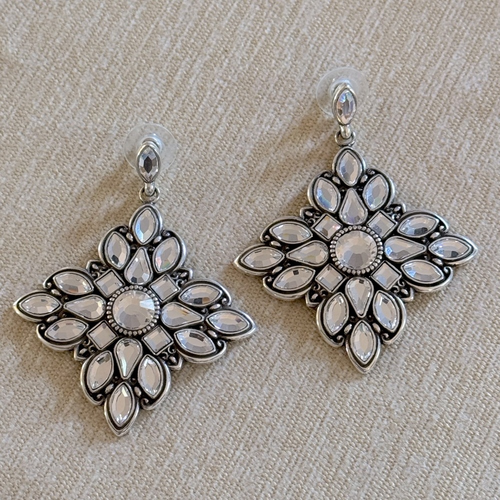 Brighton Silver-Tone Swarovski Crystal Floral Dangle Earrings - Picture 2 of 10